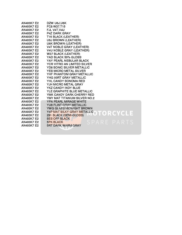 Suzuki AN400(A)(ZA) BURGMAN 2009 Colour Chart for a 2009 Suzuki AN400(A)(ZA) BURGMAN